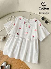 SHEIN EZwear 白色棉麻梭織女款櫻桃圖案短袖襯衫 - 彩色 - 查看 1