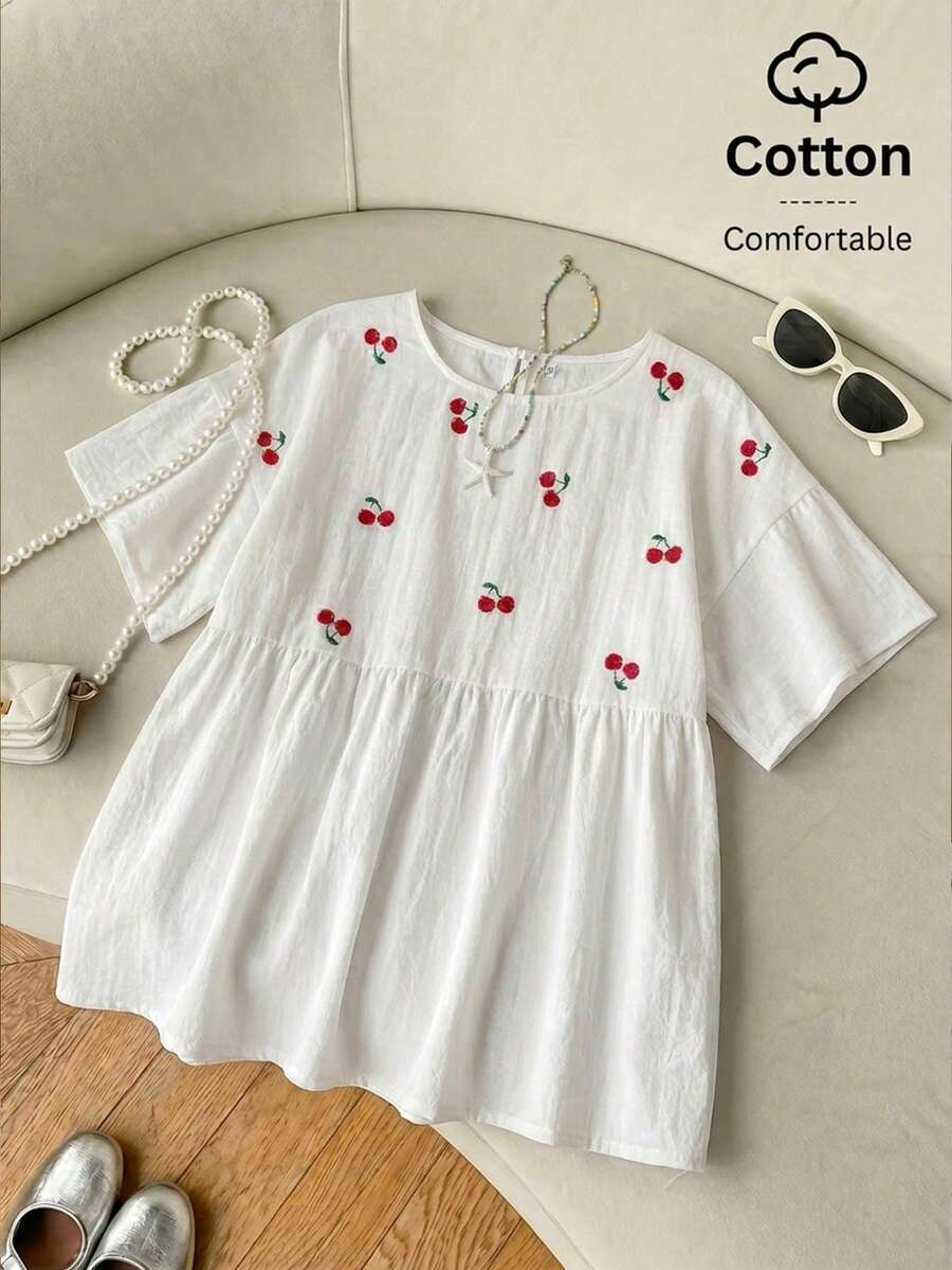 SHEIN EZwear 白色棉麻梭織女款櫻桃圖案短袖襯衫 - 彩色 - 查看 1
