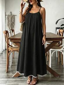 EMERY ROSE Plus Size Black Solid Color Spaghetti Strap Backless Vacation Style Loose Comfortable Dress, Beach Dress, Contrast Color Machine-Made Shell Flower Special Craft Spaghetti Strap Dress, Bohemian Style Vacation Wear - Black - View 4