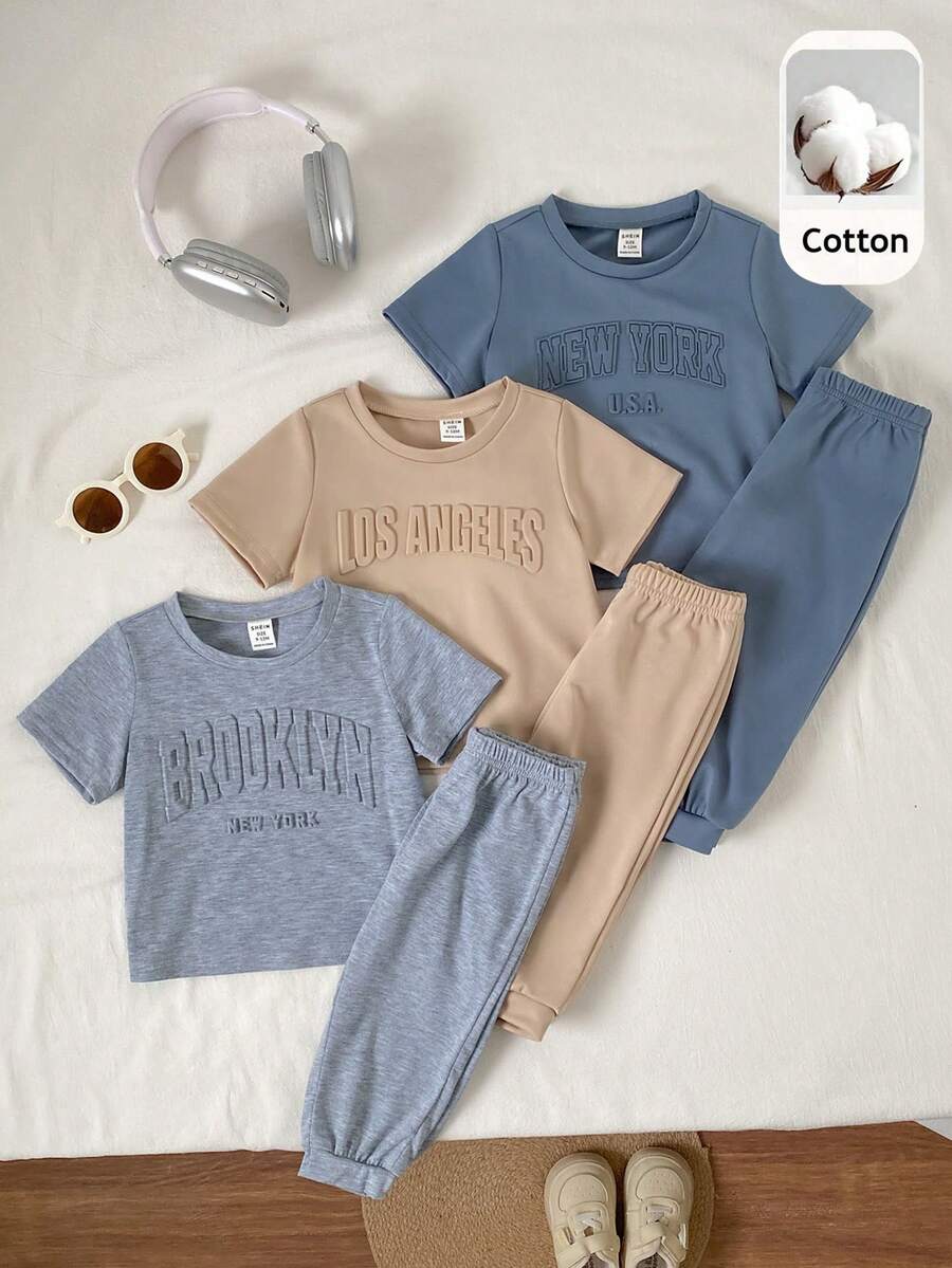 SHEIN Unisex Baby Boy/Girl Baby Boy 3 Sets Spring/Summer Casual Cute 3D Letter Print Short Sleeve T-Shirt And Long Pants Set, Multi-Piece Pack, Baby Boy Outfit Sets, Baby Boy Summer Clothes, Squishy - Multicolor - View 1