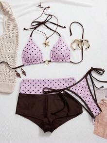 Swim Mod 26SS Spring/Summer Vacation Beach Polka Dot Bikini With Shorts 3 PiecesSwimsuit Set - Multicolor - View 7