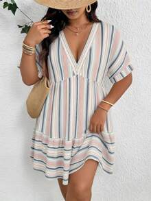 SHEIN Frenchy Plus Size Women's Multi-Color Striped V-Neck Ruffle Hem Dress - Multicolor - View 6