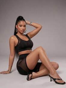 Radiana Mesh Patchwork Racerback Sports Bra + Tight Sports Mini Shorts Set  Y3k Seksi Chic For Daily Wear Yoga Yoga Studio Tennis Gym Indoor - Black - View 7
