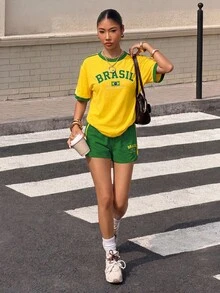 Muchica Women's Summer Letter Lemon Print Round Neck Short Sleeve T-Shirt And Striped Shorts Casual Two Pieces Set - Multicolor - View 6