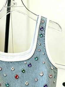 Resyla Hot-Selling Contrast Trim Denim Effect Asymmetrical Print Regular Fit Slim Women's Tank Top - Blue - View 3