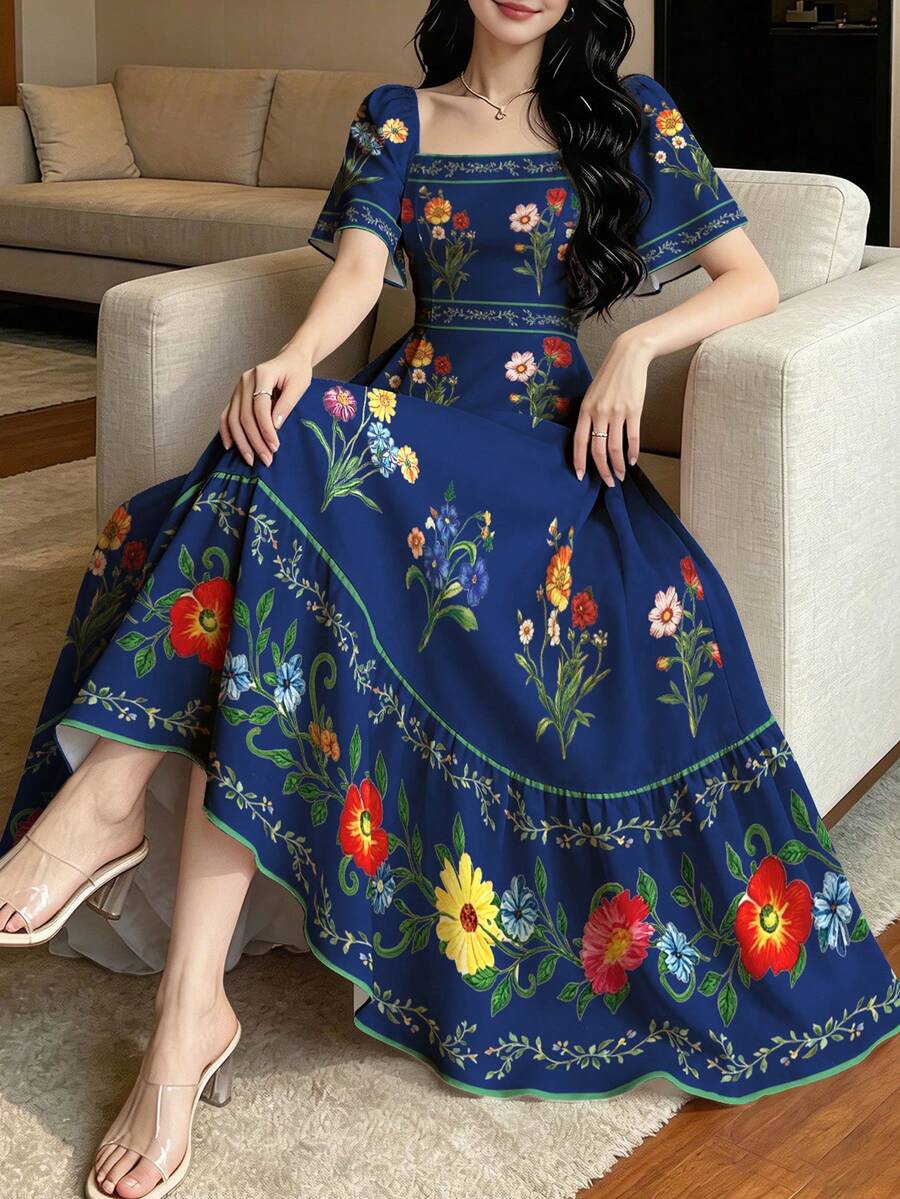 Modelyn 花卉植物印花時尚方領大荷葉袖設計短袖洋裝,夏季收腰中長洋裝,花卉圖案棕色長洋裝 - 彩色 - 查看 1