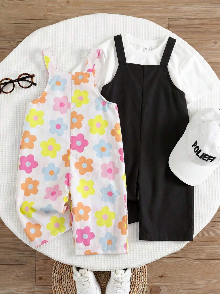SHEIN 2件組女嬰休閒街頭風時尚細肩帶連身褲 - 黑與白 - 查看 1