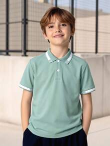 SHEIN 青少年男孩休閒學院風翻領短袖 Polo 衫 - 綠色 - 查看 3