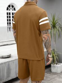 Manfinity Homme Men's Casual Brown Striped Textured Polo Shirt Set Men Brown Short Set Casual Two Pieces Set Men - Brown - View 2