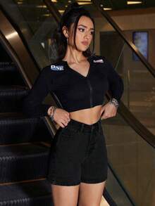 SHEIN ICON 大码女式春夏水洗牛仔短裤 - 黑色 - View 3