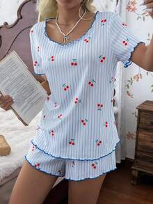 CottageSlumber Conjunto de pijama casual y romántico para mujer con top de manga corta de punto acanalado con cuello redondo, ribete de volantes, rayas azules y estampado de cerezas, y shorts - Azul - Ver 4