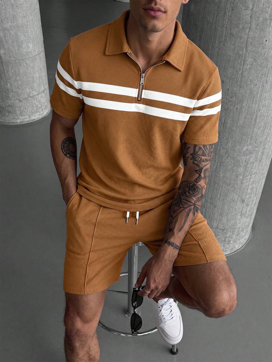 Manfinity Homme Men's Casual Brown Striped Textured Polo Shirt Set Men Brown Short Set Casual Two Pieces Set Men - Brown - View 1