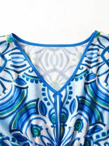 Rusticease Plus Size Women's V-Neck All-Over Print Casual Bohemian Boho Everyday Outing Dress Blue And White Autumn Fall Beach Vacation - Multicolor - View 4