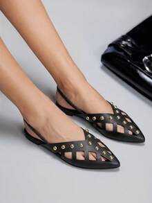 CUCCOO GRLICON Spice Girl Fried Street, Metal Rivets, Black Hollow Flat Shoes, Holiday Atmosphere, Summer Wear, A Must For Travel, Y2K - Black - View 2
