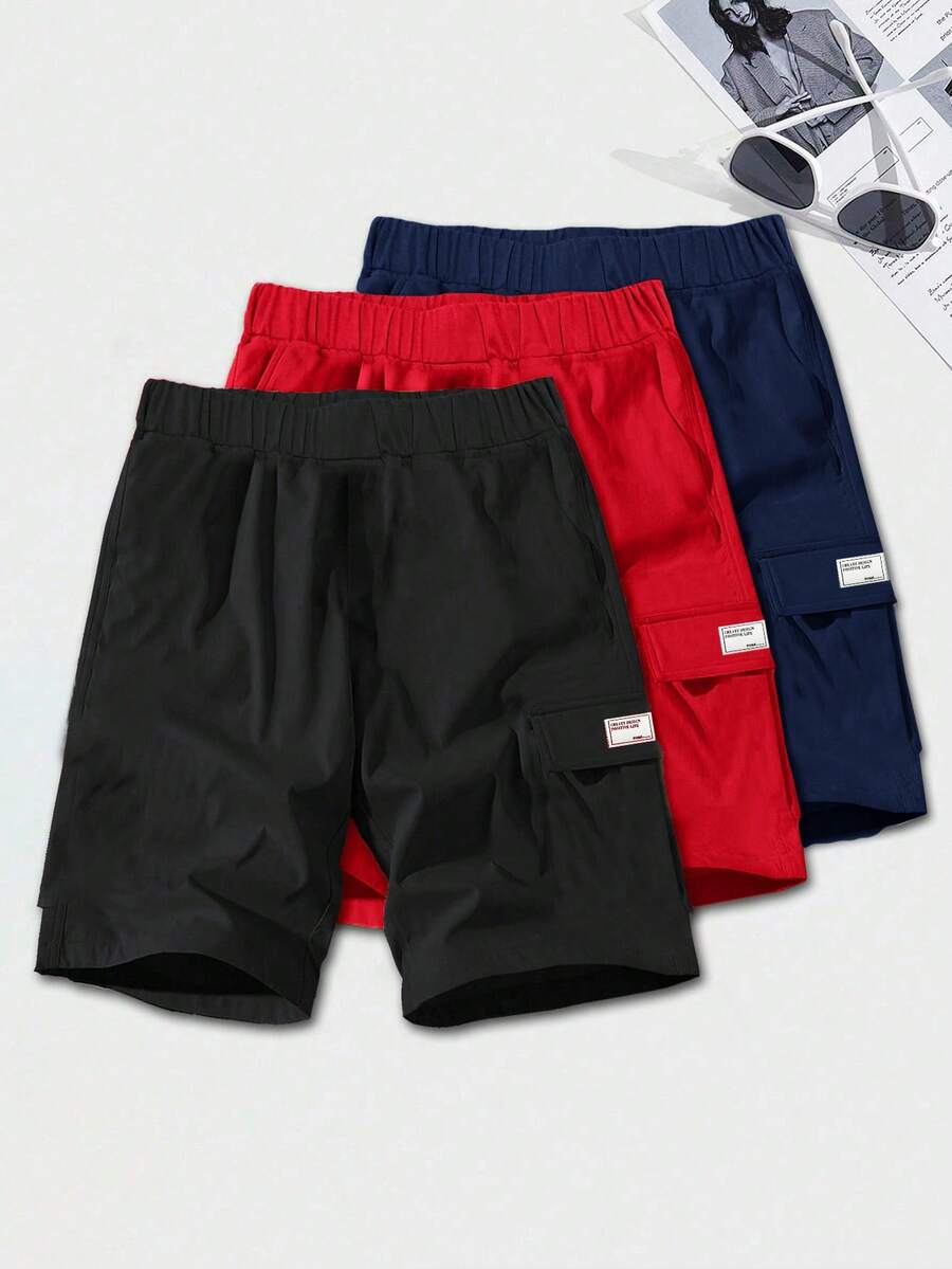 3 Pc Teenboy's Loose Casual Woven Net Color Casual Simple Basic Versatile Solid Color Sports Workwear Shorts Multi-Color Multi Piece Set, Buy One And Get Two Free, Get Three Suitable For Spring And Summer Seasons - Multicolor - View 1