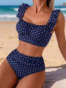 Swim Basics 2pcs Women's Navy Blue Polka Dot,Summer,Cute,Beach Party,Holiday,Holiday Elegant Ruffle Strap Pleated Top High Waist Ruched Triangle Bathing Suit Set - Navy Blue - View 1