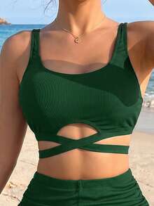 Swim Basics 女士夏季沙滩纯色交叉系带前开襟连体泳衣套装 - 綠色 - 查看 5