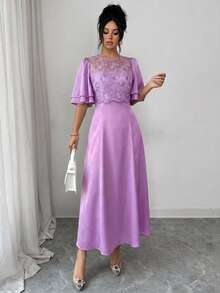 Modelyn Đầm dài nữ tinh tế thanh lịch thêu hoa phối lưới cho mùa xuân hè - Màu tím - Xem 3