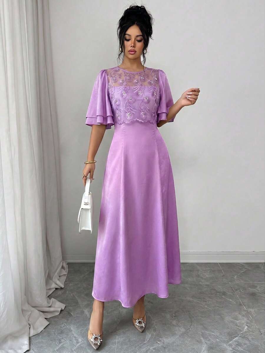 Modelyn Women's Exquisite Elegant Floral Embroidered Mesh Patchwork Long Dress Spring Summer - Purple - View 1