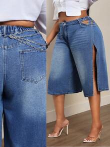 Slaydiva Plus Size Women's Non-Stretch Denim Jeans With Design Chain High Waist Hollow Out Sexy 90s Street Style Loose Straight Leg Side Slit Washed Light Blue - Dark Wash - View 9