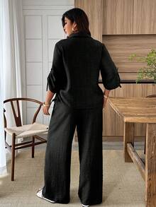 Weeklong Women's Plus Size Autumn Sleeve Drawstring Tie Commute Minimalist Normal Capsule Shirt Brunch Office Dark Wash - Black - View 2