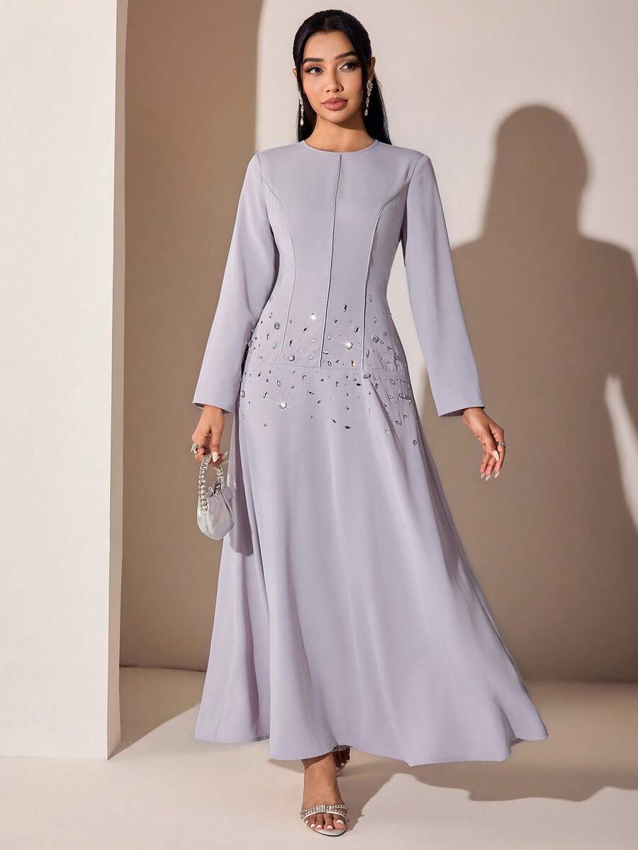 Veilorie Women's Round Neck Rhinestone Decor Elegant Waist-Defining Party & Travel Arabian Dress