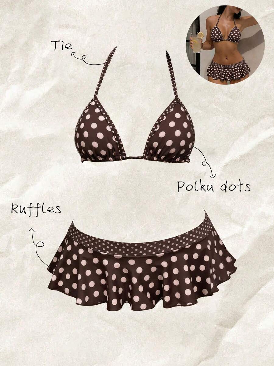 Elavelle Conjunto de bikini de mujer con estampado aleatorio y escote halter, primavera/verano - Multicolor - Ver 1