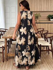 Weeklong Plus Size Women's Spring/Summer Notch Neck Sleeveless A-Line Large Floral Print Casual Vacation Dress - Multicolor - View 2