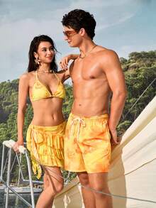Manfinity VDAYZ Men's Casual Printed Drawstring Beach Shorts, Holiday - Pale Yellow - View 3