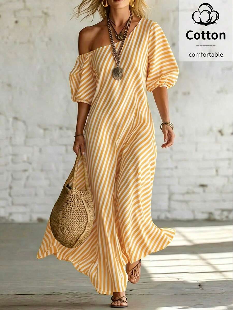 SHEIN LUNE Island Style Vintage Casual Vacation Striped Textured Asymmetric Shoulder Relaxed Fit A-Line Women's Dress - Multicolor - View 1