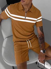 Manfinity Homme Men's Casual Brown Striped Textured Polo Shirt Set Men Brown Short Set Casual Two Pieces Set Men - Brown - View 6