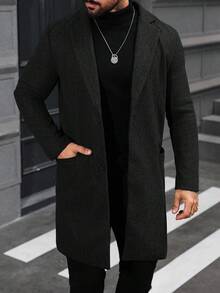 Manfinity Mode 男士纯色翻领单排扣休闲长袖大衣，秋冬商务休闲冬装外套 - 黑色 - 查看 6