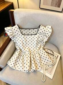 SHEIN Franclia 女士波点印花方领荷叶袖上衣，松紧腰摆荷叶边衬衫，可爱休闲夏季日常衬衫 - 彩色 - 查看 3