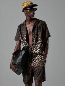Salvezio 2pcs Set Men's Ombre Leopard Print Casual Oversize Full Print Short Sleeve Shirt & Matching Shorts - Multicolor - View 1
