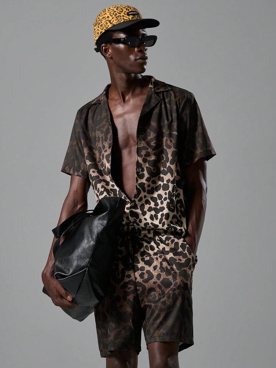 Salvezio 2pcs Set Men's Ombre Leopard Print Casual Oversize Full Print Short Sleeve Shirt & Matching Shorts - Multicolor - View 1