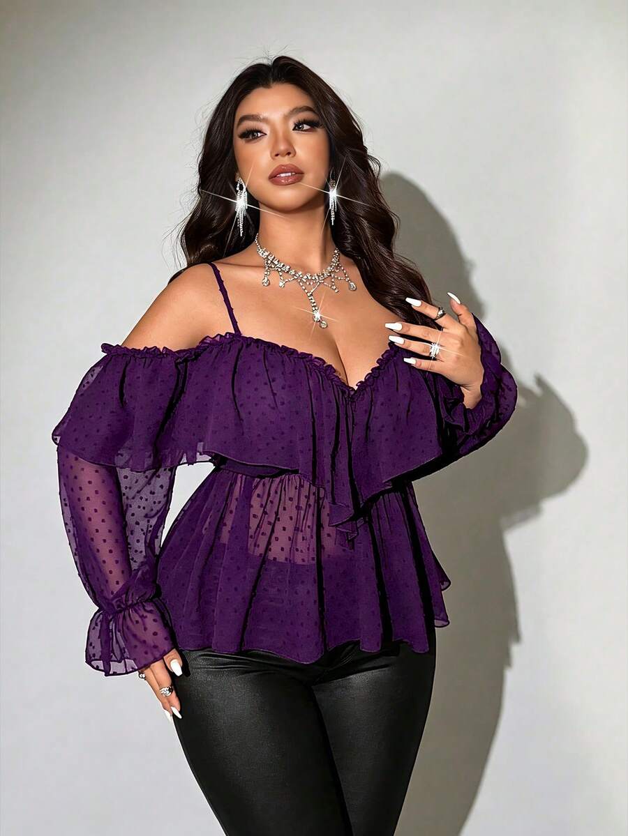 Viva Relle Plus Size French Sheer Lace Ruffle Sexy Cold Shoulder Blouse Fall - Purple - View 1