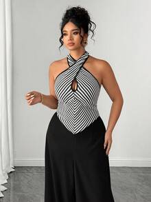 SHEIN Clasi Plus Size Women's Brown Striped Patchwork Jumpsuit, Summer Elegant Halter Criss-Cross Wide Leg Jumpsuit, Office Lady Playsuit - Black - View 5