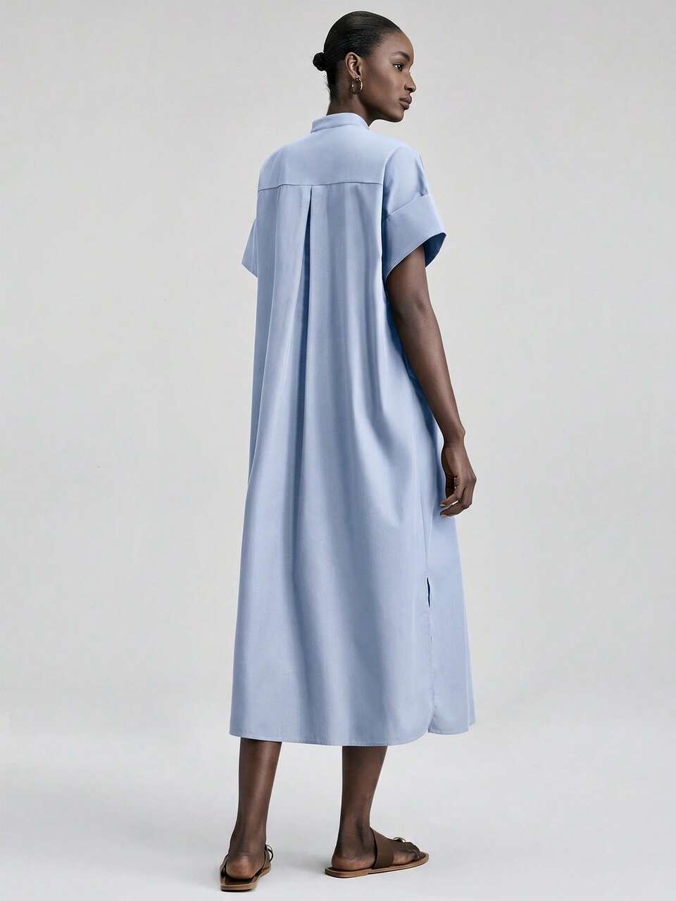 Women's Light Blue Imitation Shirt Midi Dress,Loose Dropped Shoulder Summer Casual Occasion Office Wear,Elegant Pleated Back Business Dress