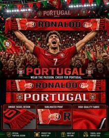 juxingdongli Khăn quàng cổ cổ động viên bóng đá Bồ Đào Nha in hình Ronaldo số 7, khăn quàng cổ đội bóng dành cho nam và nữ, phụ kiện cổ vũ trận đấu tại sân vận động, khăn quàng dài dệt kim mềm mại, quà tặng ngày thi đấu mùa đông cho người hâm mộ. - Nhiều màu - Xem 3