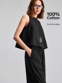Ontre Bộ đồ nữ màu đen thoải mái chất liệu vải cao cấp gồm áo ôm và quần ống đứng cạp chun, phong cách Bohemian phù hợp đi biển, lễ hội âm nhạc, phong cách phương Tây, thường ngày, công sở, đi làm, trang phục sân bay cao cấp - màu đen - Xem 4
