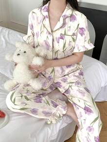 少女睡衣花卉印花泡泡纱翻领单排扣短袖上衣和裤子睡衣套装，春夏 - 彩色 - 查看 5