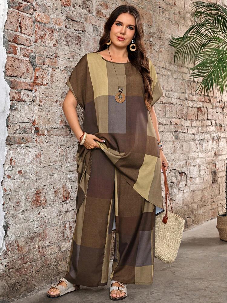 Plus Size Women's Summer Vintage Plaid Asymmetric Hem Shirt And Long Pants Two Pieces Set