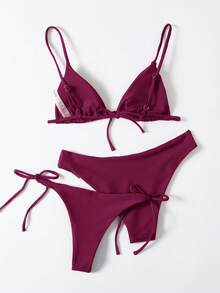 Swim Vcay 女款夏季海灘素色無鋼圈三角罩杯胸罩與短褲 3 件式分體泳衣 - 中紫紅色 - 查看 2