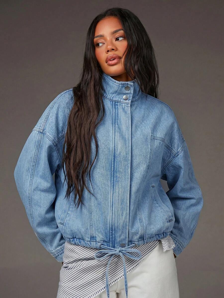 Athîral Denim 女士休闲度假长袖立领牛仔外套 - 淺藍色 - 查看 1