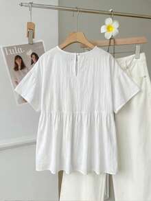 SHEIN EZwear 白色棉麻梭織女款櫻桃圖案短袖襯衫 - 彩色 - 查看 2