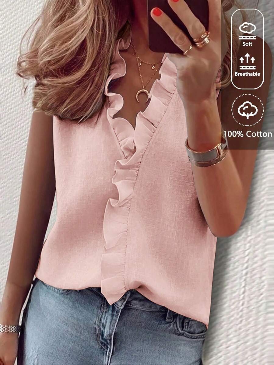 SHEIN 女款夏季白色素色布料V領荷葉邊領無袖寬鬆設計休閒風旅行度假街拍氛圍穿搭夏季服飾夏季襯衫夏季新品必備時尚單品小眾設計百搭女款休閒風無袖荷葉邊襯衫 - 粉色 - 查看 1