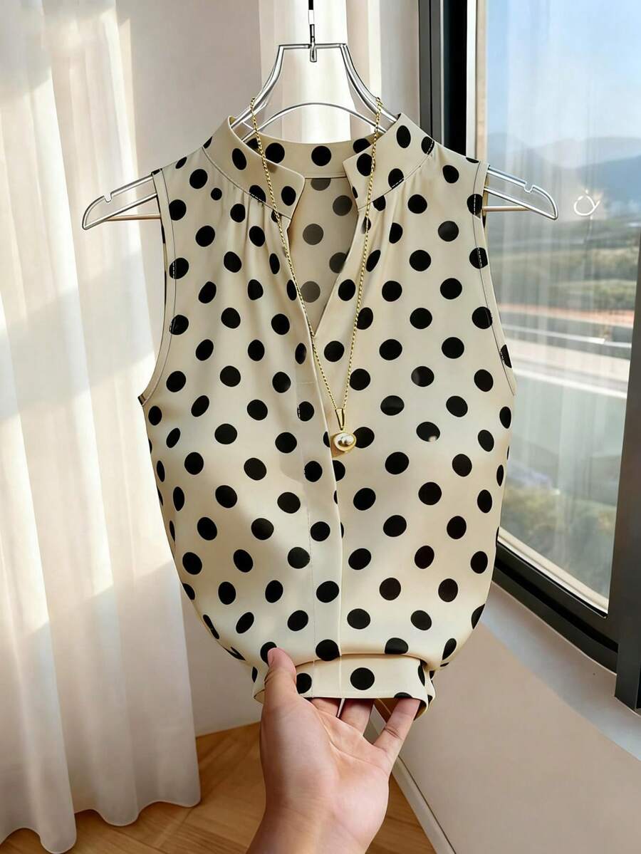GlowEve CURVE Women's Summer Casual Elegant Vintage Polka Dot Versatile Sleeveless Blouse Plus Size Shirt Office Beige - Multicolor - View 1