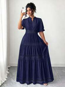 SHEIN Tall Plus Size Women's Hollow Lace Trim Vacation White Goddess Waist Flattering V-Neck French Style Beach Dress - Navy Blue - View 5