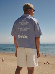 Musero Boxy Oversized Striped Shirt Large Backprint Dropped Shoulder Seam Reverse Collar Button Fastening - Blue and White - View 1