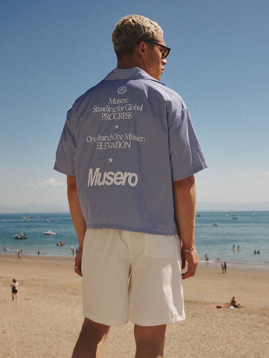 Musero Boxy Oversized Striped Shirt Large Backprint Dropped Shoulder Seam Reverse Collar Button Fastening - Blue and White - View 1